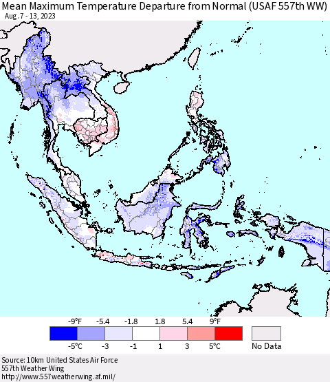 South East Asia Mean Maximum Temperature Departure from Normal (USAF 557th WW) Thematic Map For 8/7/2023 - 8/13/2023