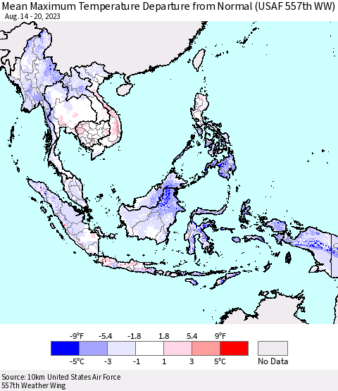 South East Asia Mean Maximum Temperature Departure from Normal (USAF 557th WW) Thematic Map For 8/14/2023 - 8/20/2023