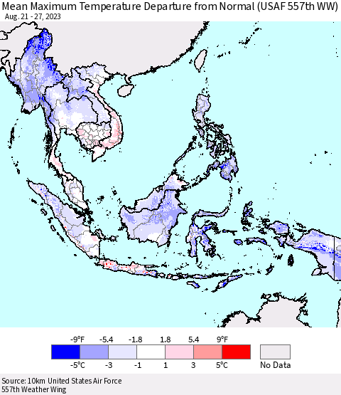South East Asia Mean Maximum Temperature Departure from Normal (USAF 557th WW) Thematic Map For 8/21/2023 - 8/27/2023