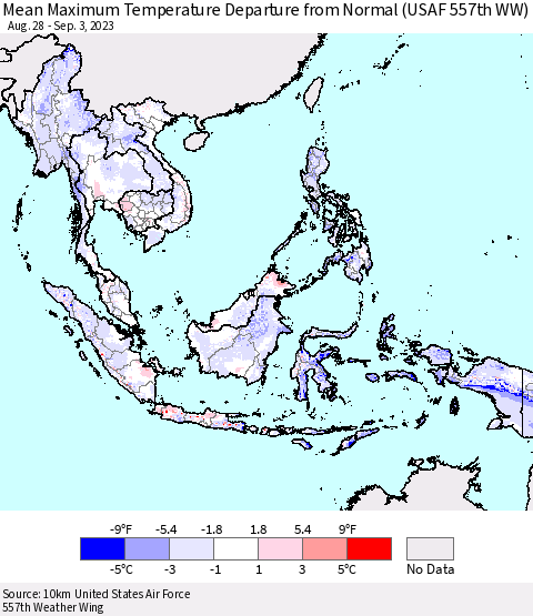 South East Asia Mean Maximum Temperature Departure from Normal (USAF 557th WW) Thematic Map For 8/28/2023 - 9/3/2023