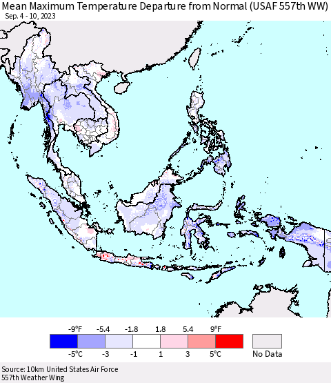 South East Asia Mean Maximum Temperature Departure from Normal (USAF 557th WW) Thematic Map For 9/4/2023 - 9/10/2023