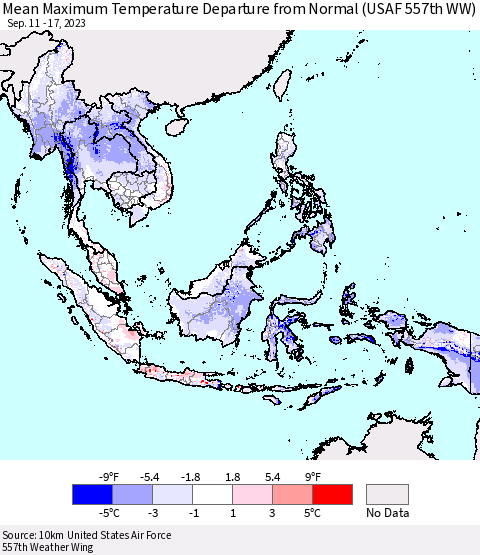 South East Asia Mean Maximum Temperature Departure from Normal (USAF 557th WW) Thematic Map For 9/11/2023 - 9/17/2023
