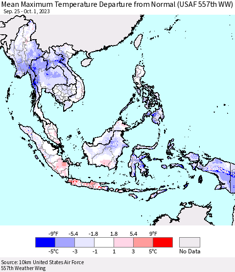 South East Asia Mean Maximum Temperature Departure from Normal (USAF 557th WW) Thematic Map For 9/25/2023 - 10/1/2023