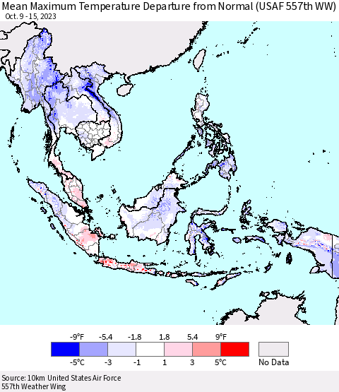 South East Asia Mean Maximum Temperature Departure from Normal (USAF 557th WW) Thematic Map For 10/9/2023 - 10/15/2023