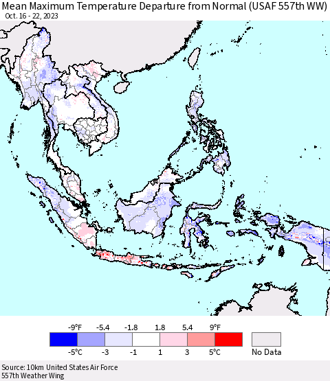 South East Asia Mean Maximum Temperature Departure from Normal (USAF 557th WW) Thematic Map For 10/16/2023 - 10/22/2023