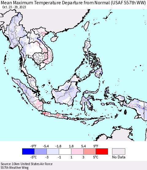 South East Asia Mean Maximum Temperature Departure from Normal (USAF 557th WW) Thematic Map For 10/23/2023 - 10/29/2023