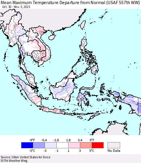 South East Asia Mean Maximum Temperature Departure from Normal (USAF 557th WW) Thematic Map For 10/30/2023 - 11/5/2023