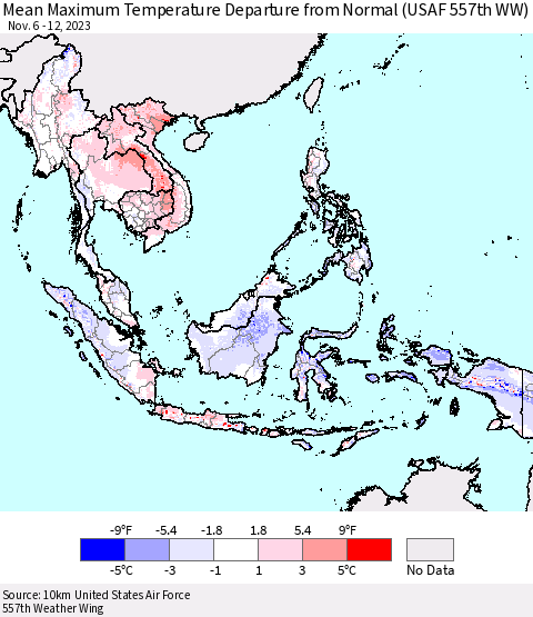 South East Asia Mean Maximum Temperature Departure from Normal (USAF 557th WW) Thematic Map For 11/6/2023 - 11/12/2023