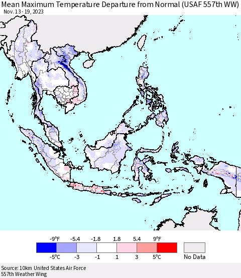 South East Asia Mean Maximum Temperature Departure from Normal (USAF 557th WW) Thematic Map For 11/13/2023 - 11/19/2023