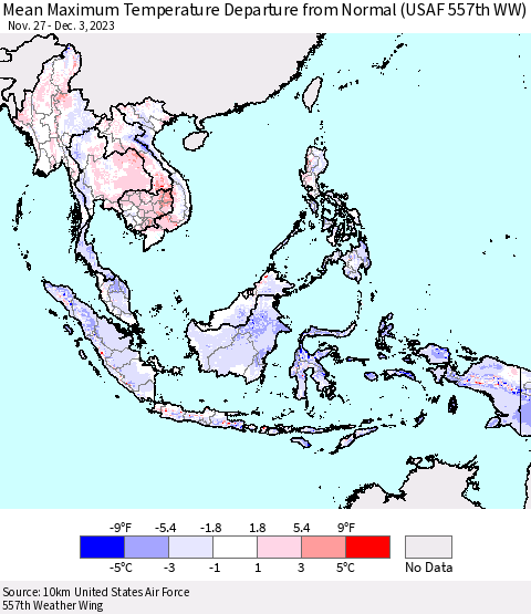 South East Asia Mean Maximum Temperature Departure from Normal (USAF 557th WW) Thematic Map For 11/27/2023 - 12/3/2023