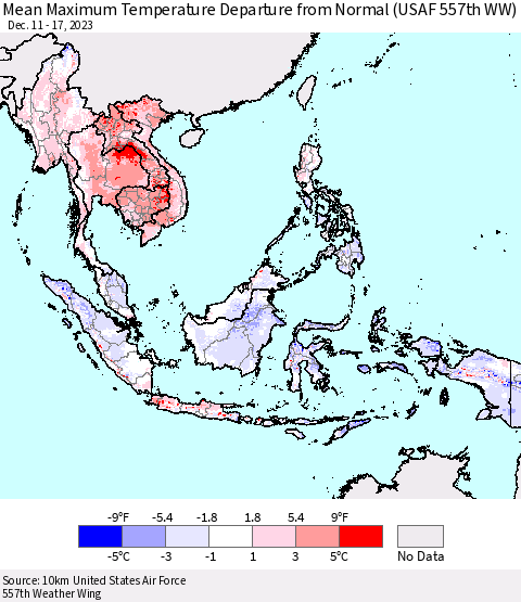 South East Asia Mean Maximum Temperature Departure from Normal (USAF 557th WW) Thematic Map For 12/11/2023 - 12/17/2023