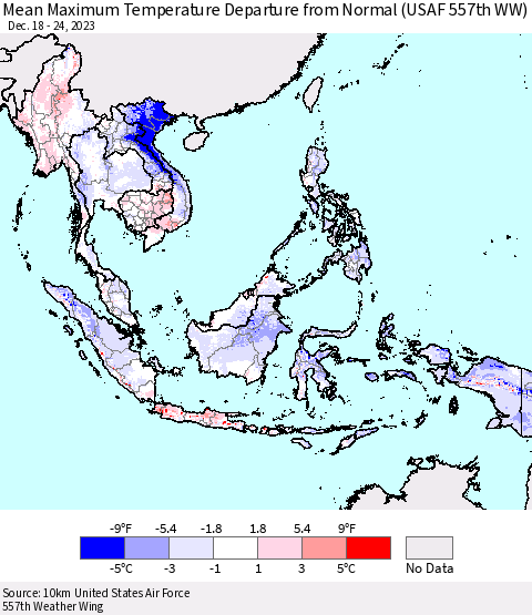 South East Asia Mean Maximum Temperature Departure from Normal (USAF 557th WW) Thematic Map For 12/18/2023 - 12/24/2023