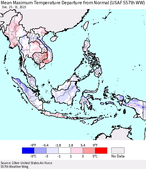 South East Asia Mean Maximum Temperature Departure from Normal (USAF 557th WW) Thematic Map For 12/25/2023 - 12/31/2023