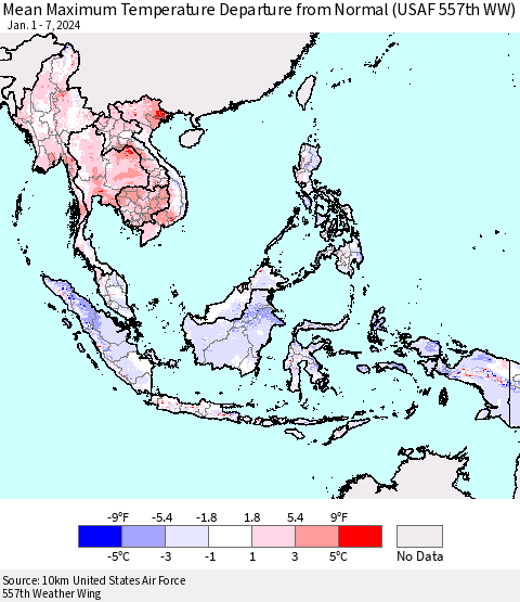 South East Asia Mean Maximum Temperature Departure from Normal (USAF 557th WW) Thematic Map For 1/1/2024 - 1/7/2024
