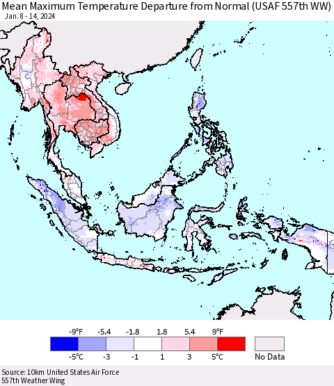 South East Asia Mean Maximum Temperature Departure from Normal (USAF 557th WW) Thematic Map For 1/8/2024 - 1/14/2024