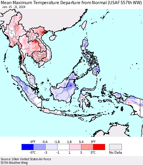 South East Asia Mean Maximum Temperature Departure from Normal (USAF 557th WW) Thematic Map For 1/15/2024 - 1/21/2024