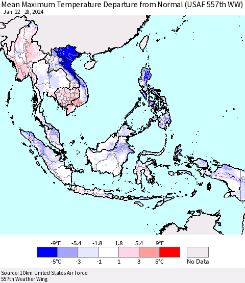 South East Asia Mean Maximum Temperature Departure from Normal (USAF 557th WW) Thematic Map For 1/22/2024 - 1/28/2024