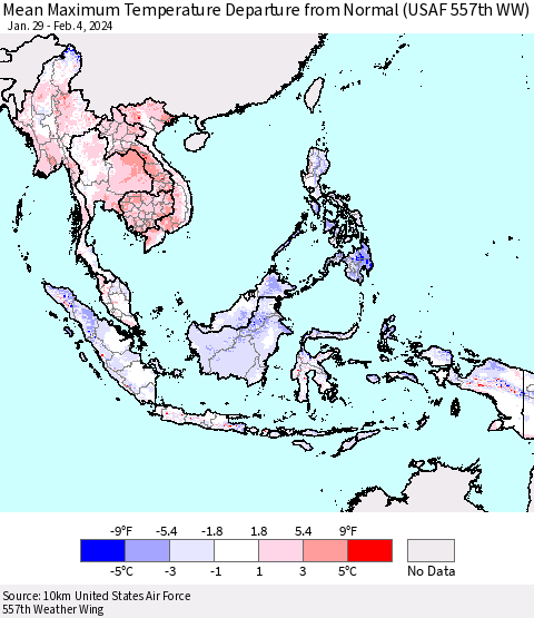 South East Asia Mean Maximum Temperature Departure from Normal (USAF 557th WW) Thematic Map For 1/29/2024 - 2/4/2024