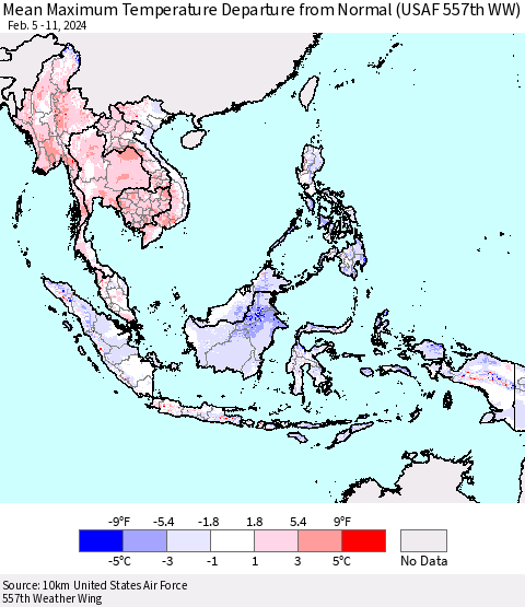 South East Asia Mean Maximum Temperature Departure from Normal (USAF 557th WW) Thematic Map For 2/5/2024 - 2/11/2024
