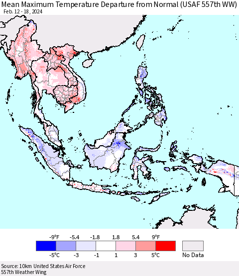 South East Asia Mean Maximum Temperature Departure from Normal (USAF 557th WW) Thematic Map For 2/12/2024 - 2/18/2024