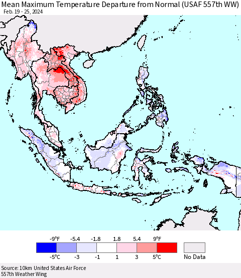South East Asia Mean Maximum Temperature Departure from Normal (USAF 557th WW) Thematic Map For 2/19/2024 - 2/25/2024