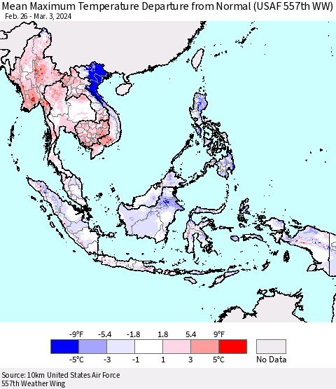 South East Asia Mean Maximum Temperature Departure from Normal (USAF 557th WW) Thematic Map For 2/26/2024 - 3/3/2024