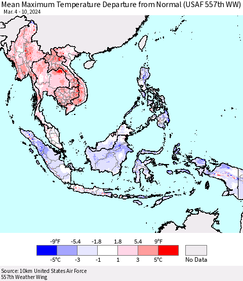 South East Asia Mean Maximum Temperature Departure from Normal (USAF 557th WW) Thematic Map For 3/4/2024 - 3/10/2024