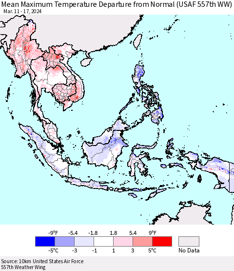 South East Asia Mean Maximum Temperature Departure from Normal (USAF 557th WW) Thematic Map For 3/11/2024 - 3/17/2024