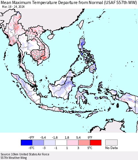 South East Asia Mean Maximum Temperature Departure from Normal (USAF 557th WW) Thematic Map For 3/18/2024 - 3/24/2024