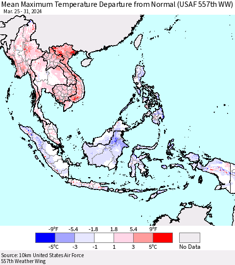 South East Asia Mean Maximum Temperature Departure from Normal (USAF 557th WW) Thematic Map For 3/25/2024 - 3/31/2024