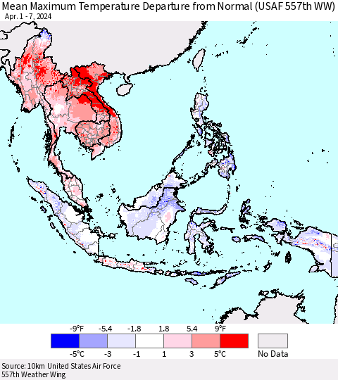 South East Asia Mean Maximum Temperature Departure from Normal (USAF 557th WW) Thematic Map For 4/1/2024 - 4/7/2024