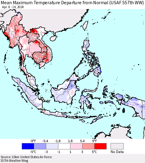 South East Asia Mean Maximum Temperature Departure from Normal (USAF 557th WW) Thematic Map For 4/8/2024 - 4/14/2024