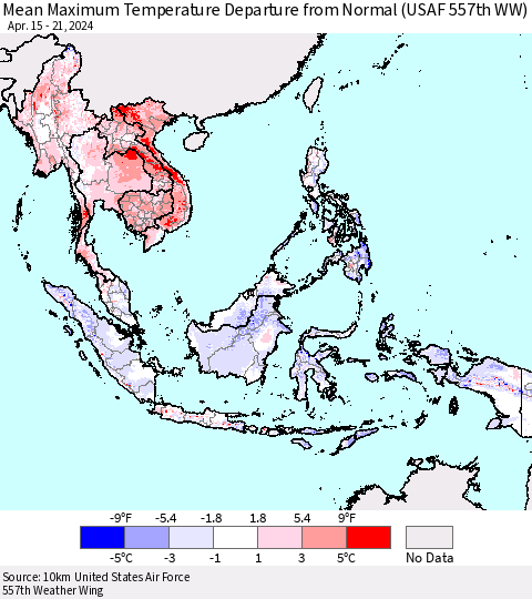 South East Asia Mean Maximum Temperature Departure from Normal (USAF 557th WW) Thematic Map For 4/15/2024 - 4/21/2024