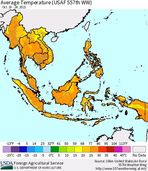 South East Asia Average Temperature (USAF 557th WW) Thematic Map For 10/18/2021 - 10/24/2021