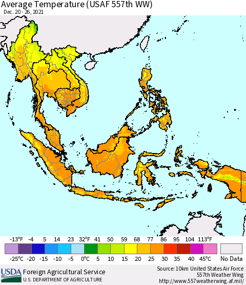 South East Asia Average Temperature (USAF 557th WW) Thematic Map For 12/20/2021 - 12/26/2021