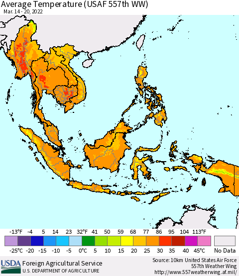 South East Asia Average Temperature (USAF 557th WW) Thematic Map For 3/14/2022 - 3/20/2022