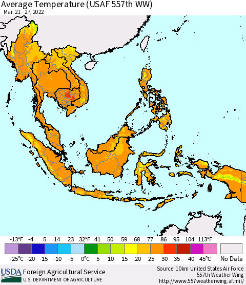 South East Asia Average Temperature (USAF 557th WW) Thematic Map For 3/21/2022 - 3/27/2022