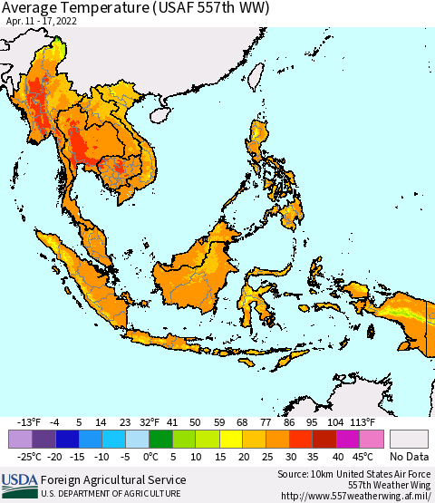 South East Asia Average Temperature (USAF 557th WW) Thematic Map For 4/11/2022 - 4/17/2022