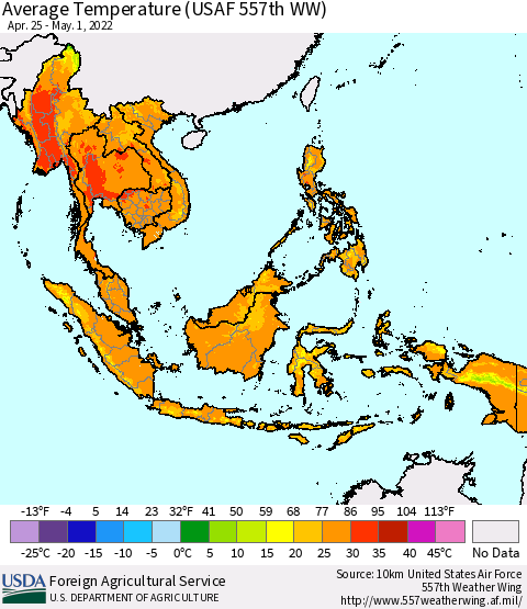 South East Asia Average Temperature (USAF 557th WW) Thematic Map For 4/25/2022 - 5/1/2022