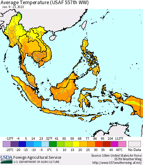 South East Asia Average Temperature (USAF 557th WW) Thematic Map For 1/9/2023 - 1/15/2023