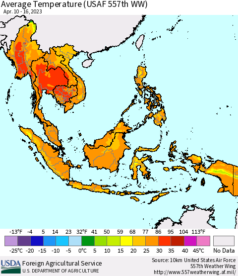 South East Asia Average Temperature (USAF 557th WW) Thematic Map For 4/10/2023 - 4/16/2023