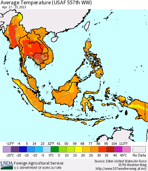 South East Asia Average Temperature (USAF 557th WW) Thematic Map For 4/17/2023 - 4/23/2023
