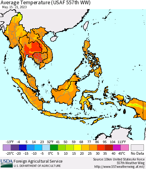 South East Asia Average Temperature (USAF 557th WW) Thematic Map For 5/15/2023 - 5/21/2023