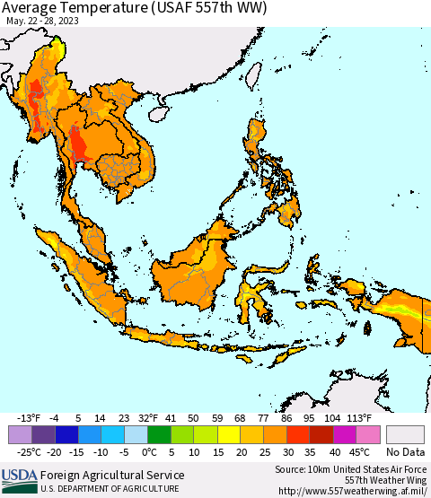 South East Asia Average Temperature (USAF 557th WW) Thematic Map For 5/22/2023 - 5/28/2023