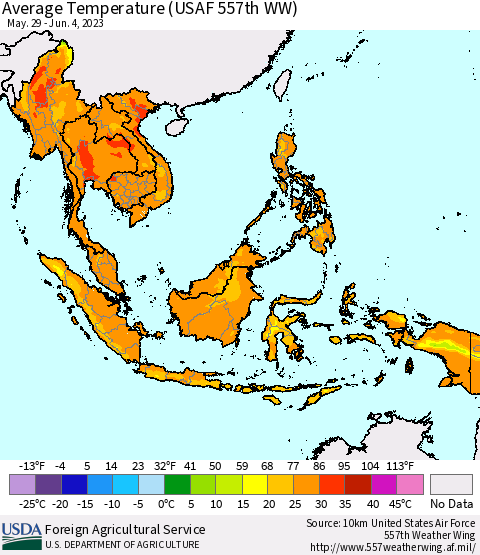 South East Asia Average Temperature (USAF 557th WW) Thematic Map For 5/29/2023 - 6/4/2023