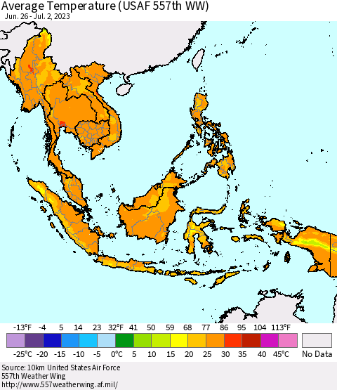 South East Asia Average Temperature (USAF 557th WW) Thematic Map For 6/26/2023 - 7/2/2023