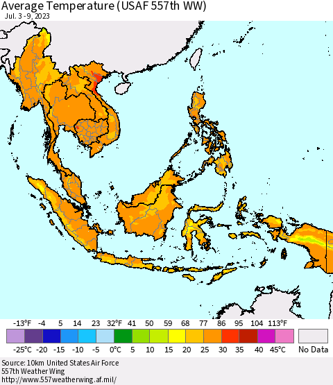 South East Asia Average Temperature (USAF 557th WW) Thematic Map For 7/3/2023 - 7/9/2023
