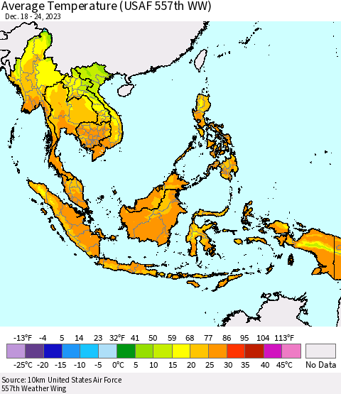 South East Asia Average Temperature (USAF 557th WW) Thematic Map For 12/18/2023 - 12/24/2023