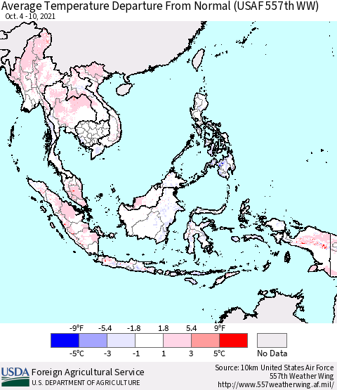 South East Asia Average Temperature Departure from Normal (USAF 557th WW) Thematic Map For 10/4/2021 - 10/10/2021
