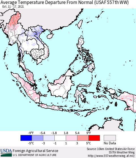 South East Asia Average Temperature Departure from Normal (USAF 557th WW) Thematic Map For 10/11/2021 - 10/17/2021